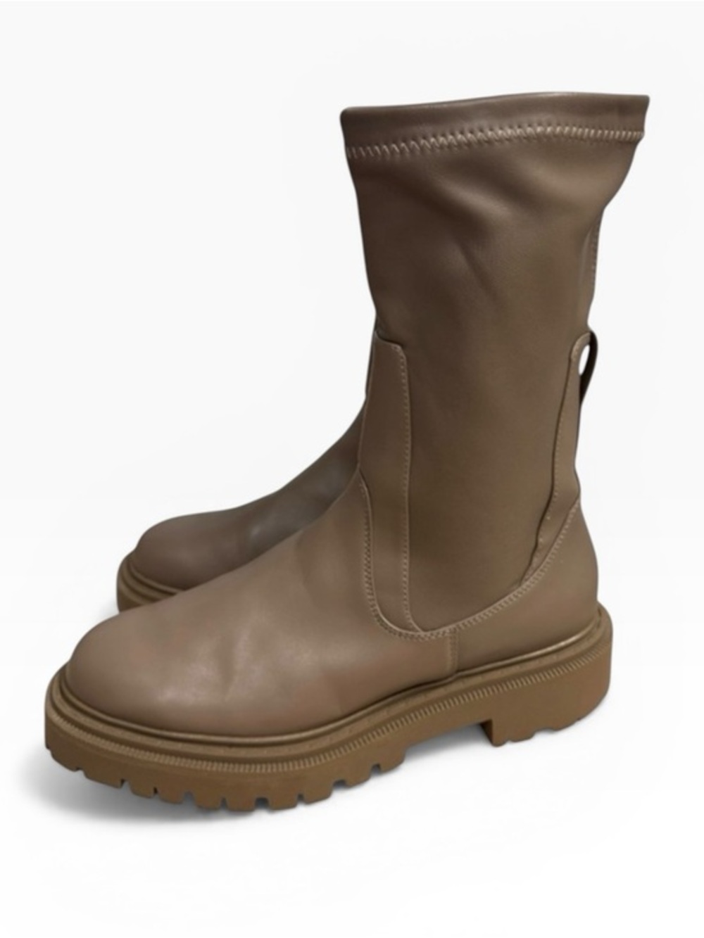 H&M Taupe Chunky Chelsea Boots Faux Leather Stretch Lug Sole Size 10
